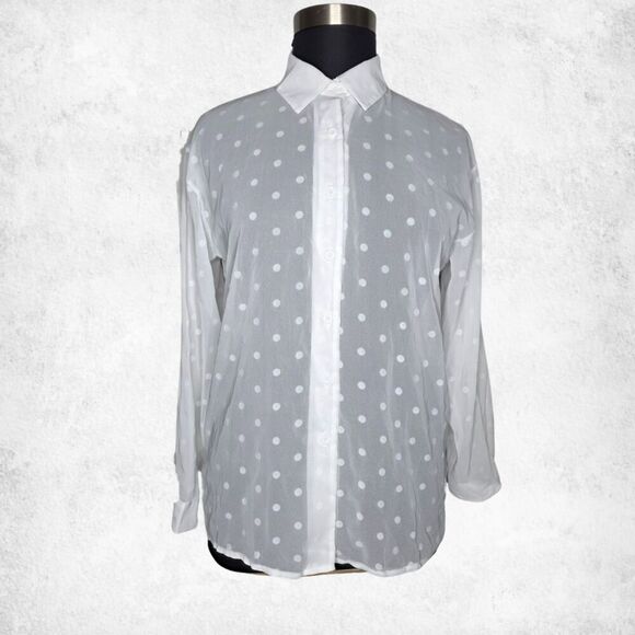 nordstrom Tops - White Polka Dot Button Down Blouse 2XL – Sheer Lightweight Long Sleeve Top